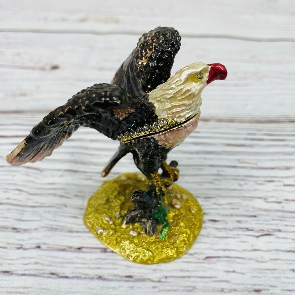 Metal Jeweled Enamel Bald Eagle Trinket Box Rhinestones - Picture 2 of 9